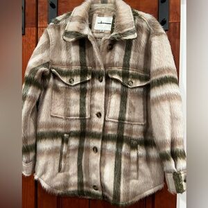 American Eagle Outfitters Plaid Teddy Jacket - Cream and Green